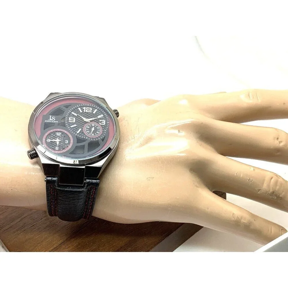Joshua & Sons Men's Watch JS83 Quartz Dual Time Zone Red Black Dial Leat…